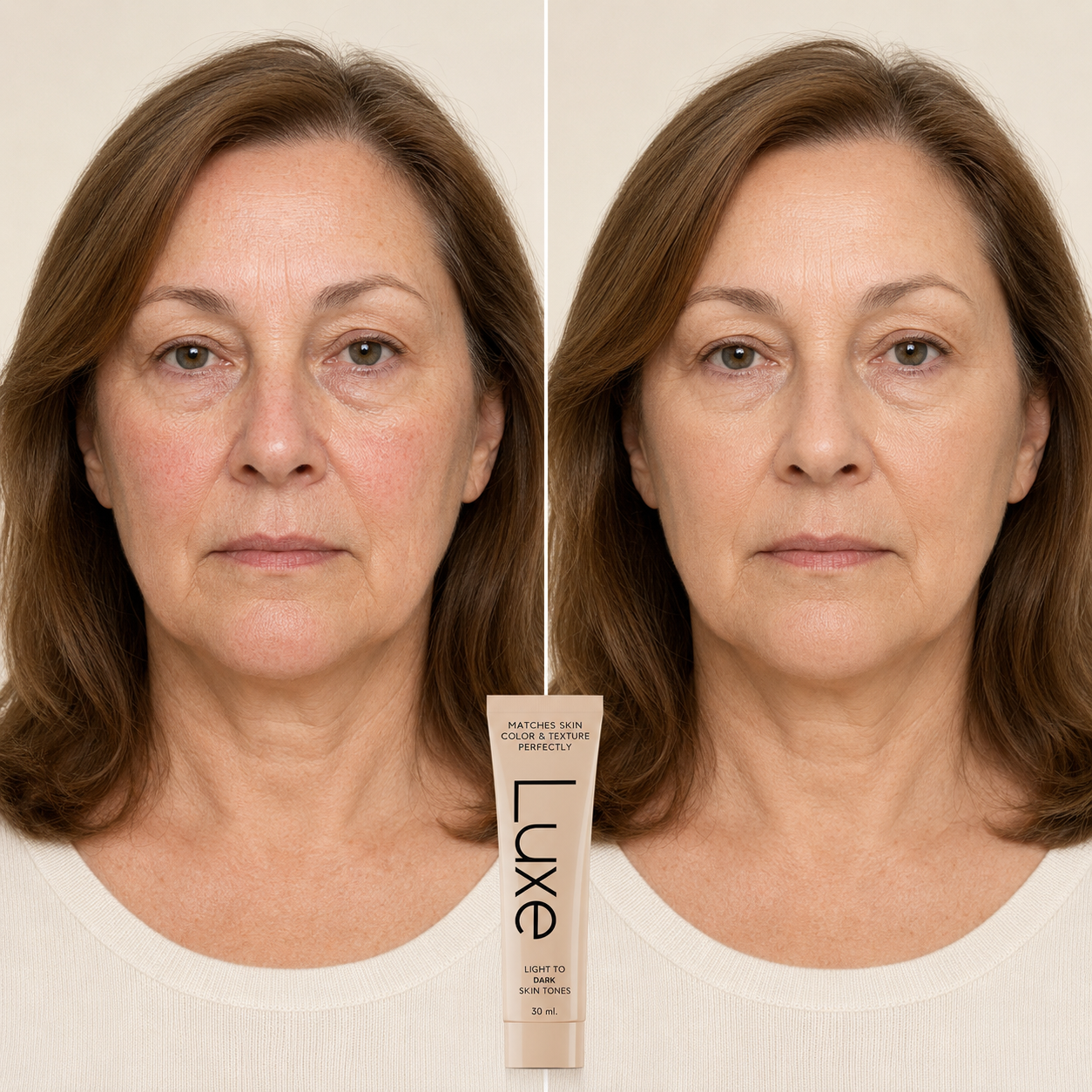 Side-by-side view of skin before and after applying Luxe foundation.