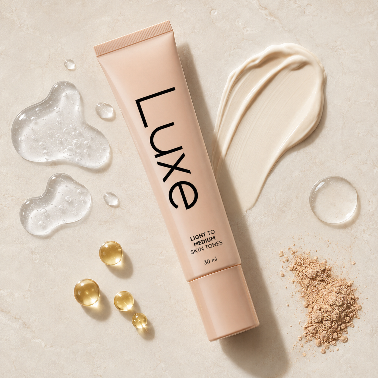 Creamy foundation texture surrounded by the featured skin-loving ingredients in the Luxe formula.