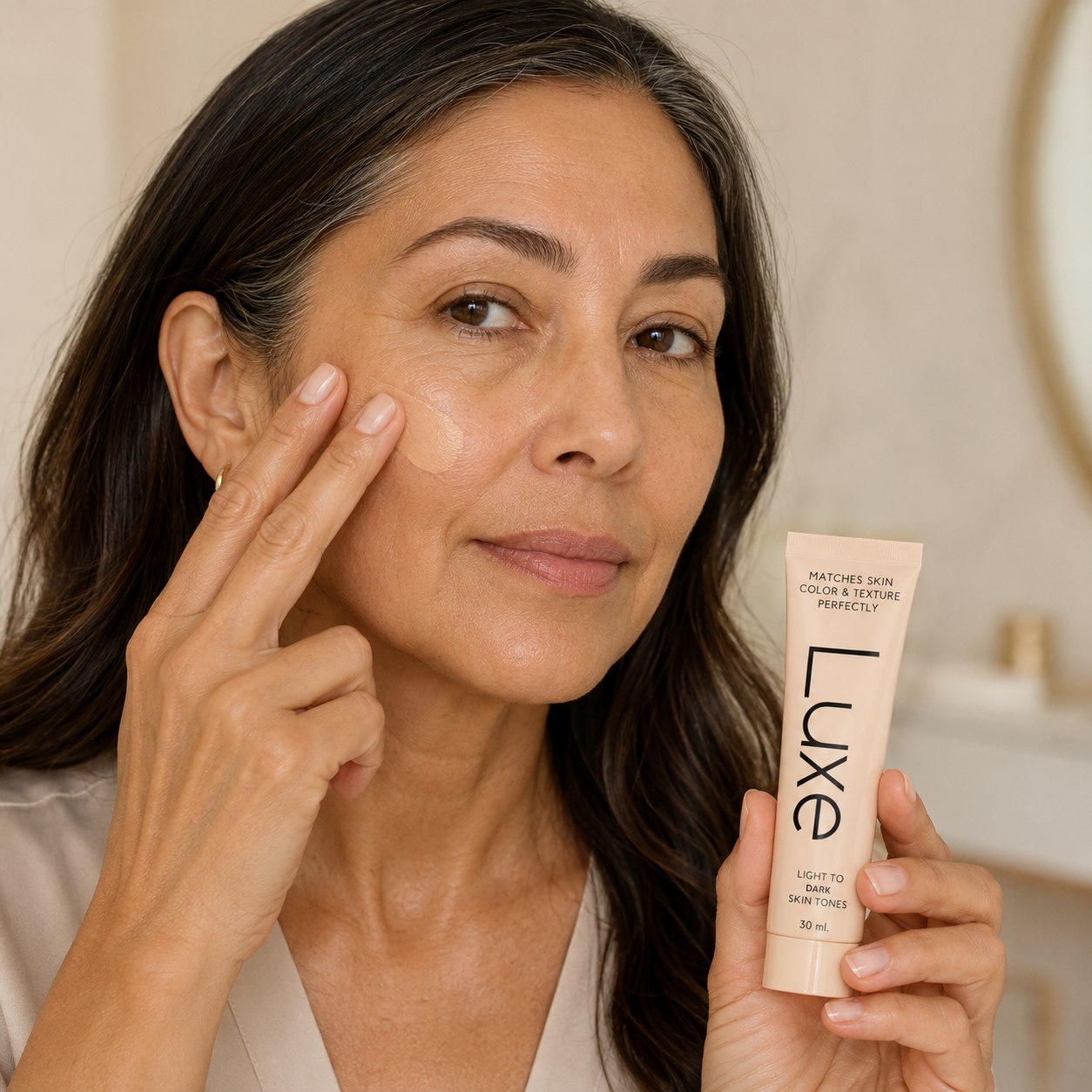 Three-step Luxe foundation routine showing how to apply, blend, and build coverage.